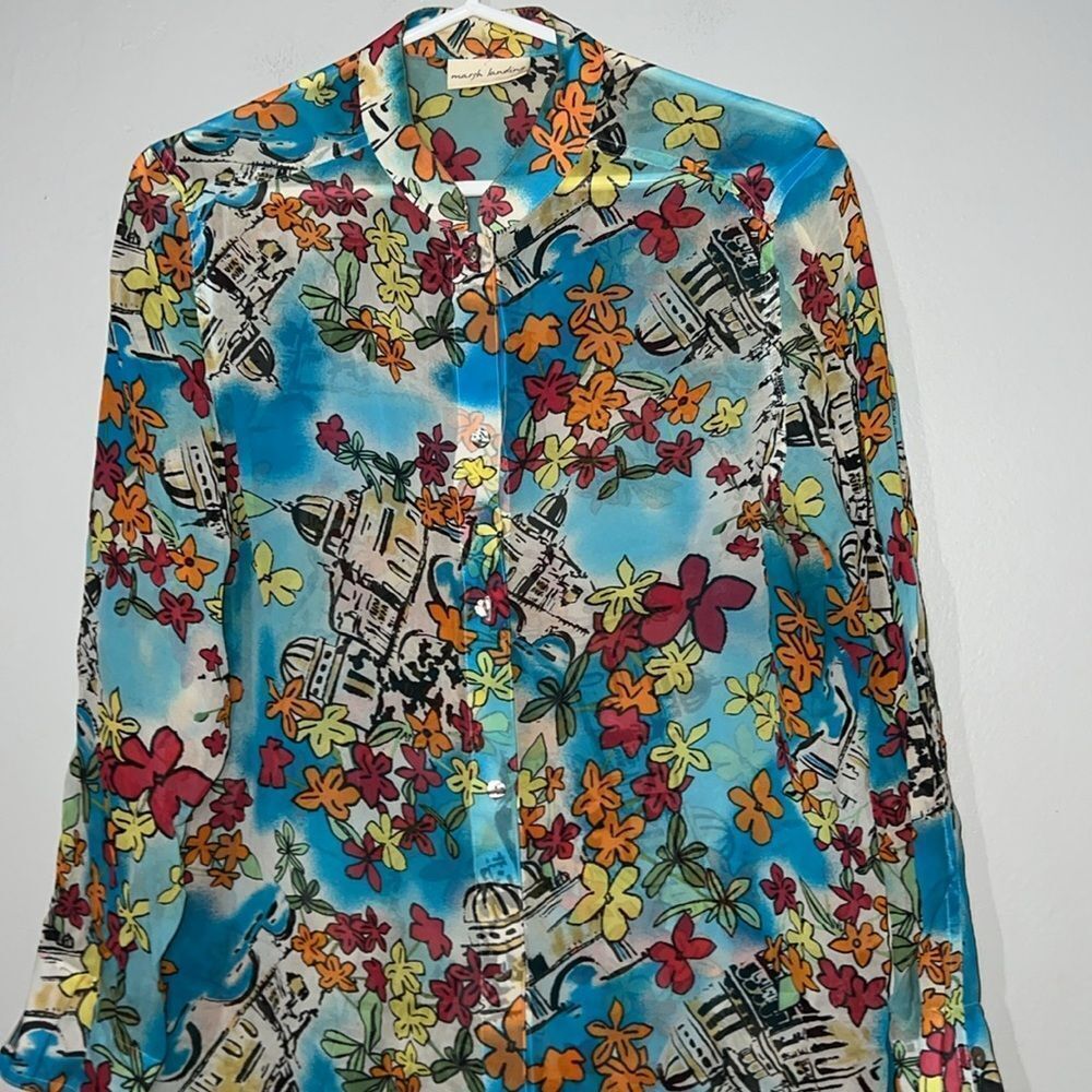 Marsh Landing Long Sleeve Silk Tunic Shirt Artsy Colorful Abstract Coastal